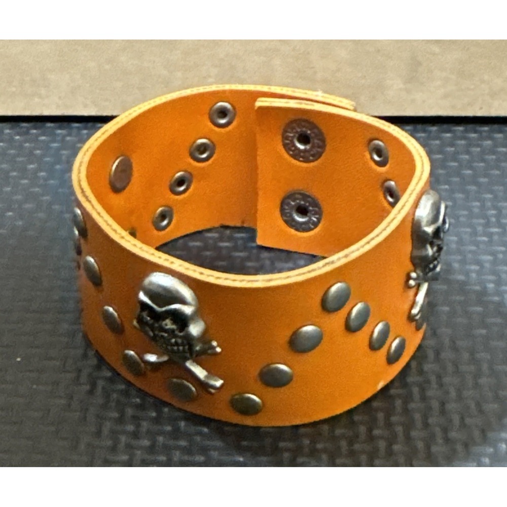 Orange Leather Skull Cuff Bracelet Punk Goth Biker Y2K Wide Wristband